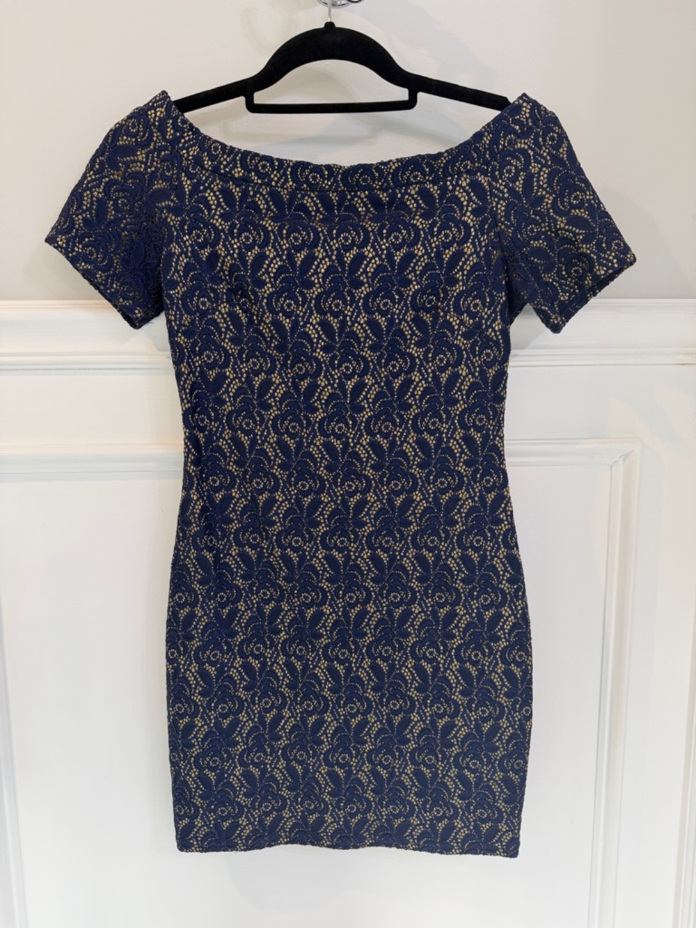Lush Navy Lace-Overlay Off-Shoulder Mini Dress